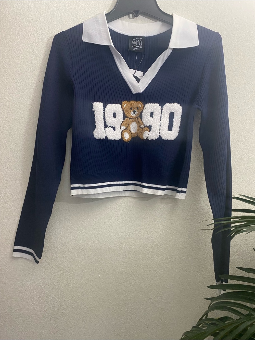 Navy Knit Polo Sweater with Bear 1990